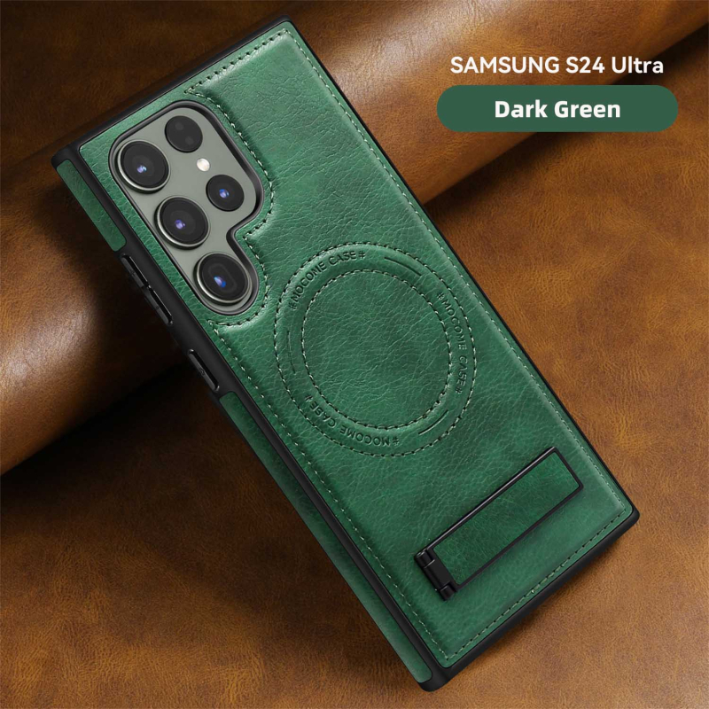 Husă Samsung Galaxy S24 Ultra Magnetic MagSafe cu suport încorporat — piele lucrată manual, PU+TPU+PC cu magnet