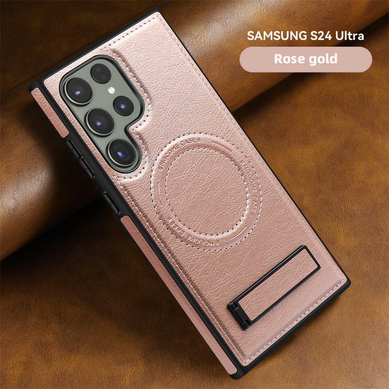 Husă Samsung Galaxy S24 Ultra Magnetic MagSafe cu suport încorporat — piele lucrată manual, PU+TPU+PC cu magnet