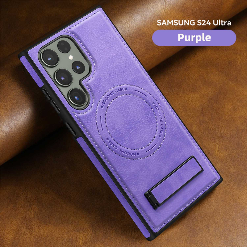 Husă Samsung Galaxy S24 Ultra Magnetic MagSafe cu suport încorporat — piele lucrată manual, PU+TPU+PC cu magnet