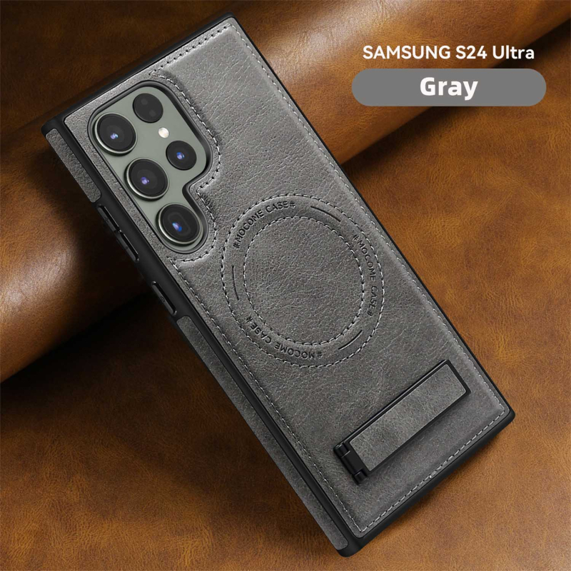 Husă Samsung Galaxy S24 Ultra Magnetic MagSafe cu suport încorporat — piele lucrată manual, PU+TPU+PC cu magnet