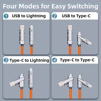 4-в-1 мултифункционален кабел за бързо зареждане и пренос на данни, интерфейси Lightning и USB-C, цинкова сплав, до 100W, две разклонения