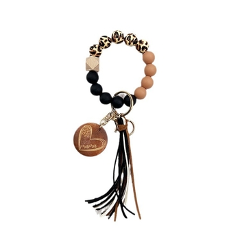 Βραχιόλι από σιλικόνη με χάντρες από ξύλο λεοπάρ, κλειδοθήκη, στρογγυλός ξύλινος μενταγιόν και φούντα