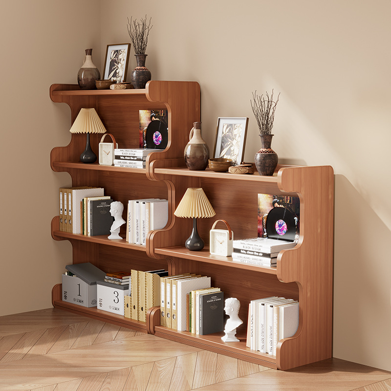 Полка за книги, многоетажен подов стелаж за дневна стая към стена, бамбук Нанжу + MDF, модел 568, модерен минималистичен стил, Haichuan