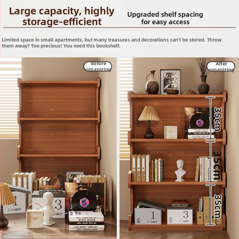 Полка за книги, многоетажен подов стелаж за дневна стая към стена, бамбук Нанжу + MDF, модел 568, модерен минималистичен стил, Haichuan