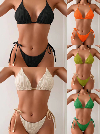 Дамски двучастен бански бикини | Полиестер | Подплата от спандекс | Чашки с подплата, без метална опора | Без презрамки