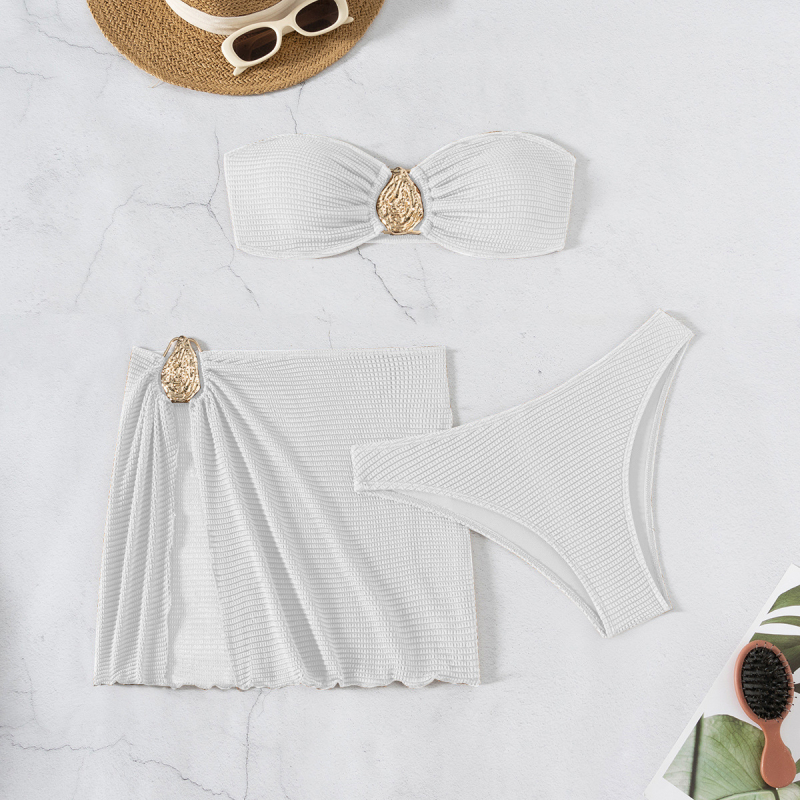 Trodijelni bikini set sa suknjom - jedinstven uzorak, poliester tkanina s podstavom od spandexa, umetnuta podstava za grudi uključena, pogodna za plivanje