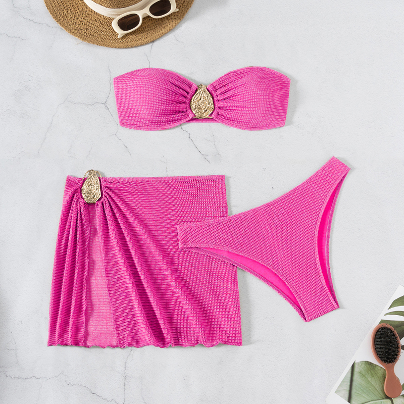 Trodijelni bikini set sa suknjom - jedinstven uzorak, poliester tkanina s podstavom od spandexa, umetnuta podstava za grudi uključena, pogodna za plivanje