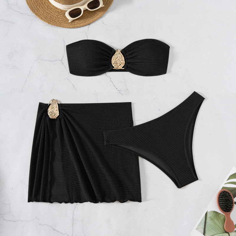 Trodijelni bikini set sa suknjom - jedinstven uzorak, poliester tkanina s podstavom od spandexa, umetnuta podstava za grudi uključena, pogodna za plivanje