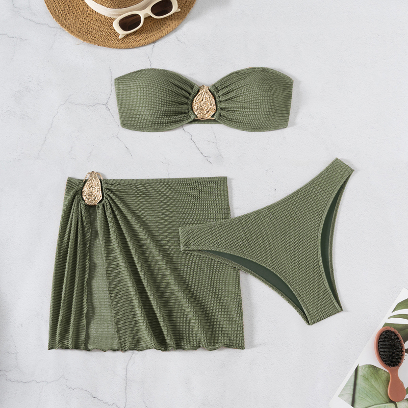 Trodijelni bikini set sa suknjom - jedinstven uzorak, poliester tkanina s podstavom od spandexa, umetnuta podstava za grudi uključena, pogodna za plivanje