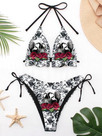 Női bikini fürdőruha, hátsó nyitott, mellbetéttel, modell: repedt virágok, sötét punk stílus, 82% nylon / 18% spandex, 100 g