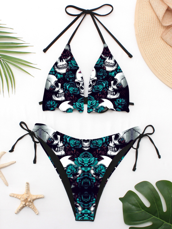 Női bikini fürdőruha, hátsó nyitott, mellbetéttel, modell: repedt virágok, sötét punk stílus, 82% nylon / 18% spandex, 100 g