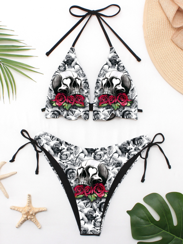 Női bikini fürdőruha, hátsó nyitott, mellbetéttel, modell: repedt virágok, sötét punk stílus, 82% nylon / 18% spandex, 100 g