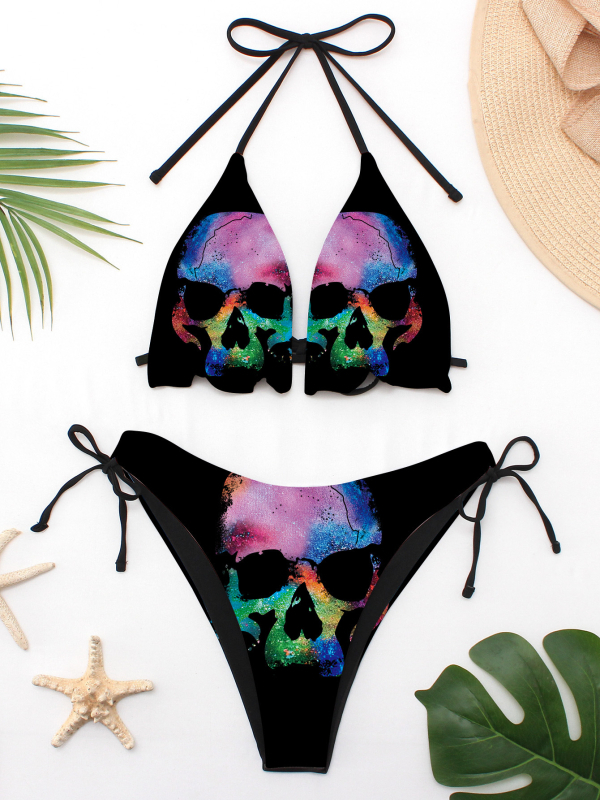 Női bikini fürdőruha, hátsó nyitott, mellbetéttel, modell: repedt virágok, sötét punk stílus, 82% nylon / 18% spandex, 100 g