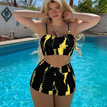 Γυναικείο μαγιό με υψηλή μέση, κορδόνι και επένδυση για το στήθος — ανθεκτικό νάιλον ύφασμα, φόδρα πολυεστέρα με σπάντεξ