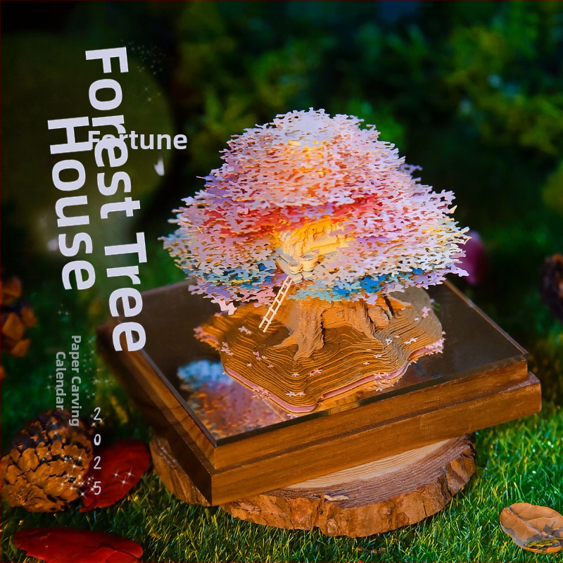 3D panorámás papírtárkalender fafaragott ház motívummal, asztali naptár 2025, logó nyomtatás, tervezés és jóváhagyás elérhető