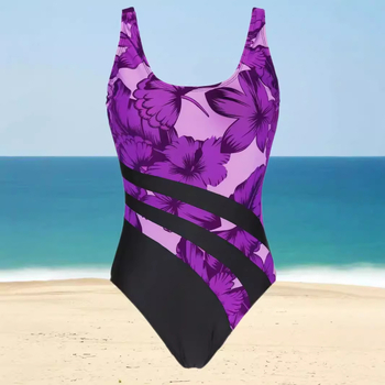 Costum de baie întreg, imprimeu floral cu efect 3D, guler rotund, fără mâneci, poliester 70–80%