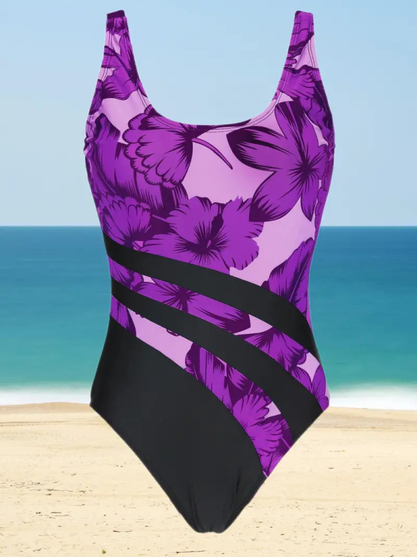Costum de baie întreg, imprimeu floral cu efect 3D, guler rotund, fără mâneci, poliester 70–80%