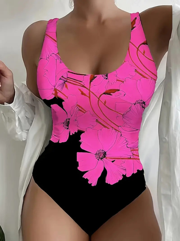 Costum de baie întreg, imprimeu floral cu efect 3D, guler rotund, fără mâneci, poliester 70–80%