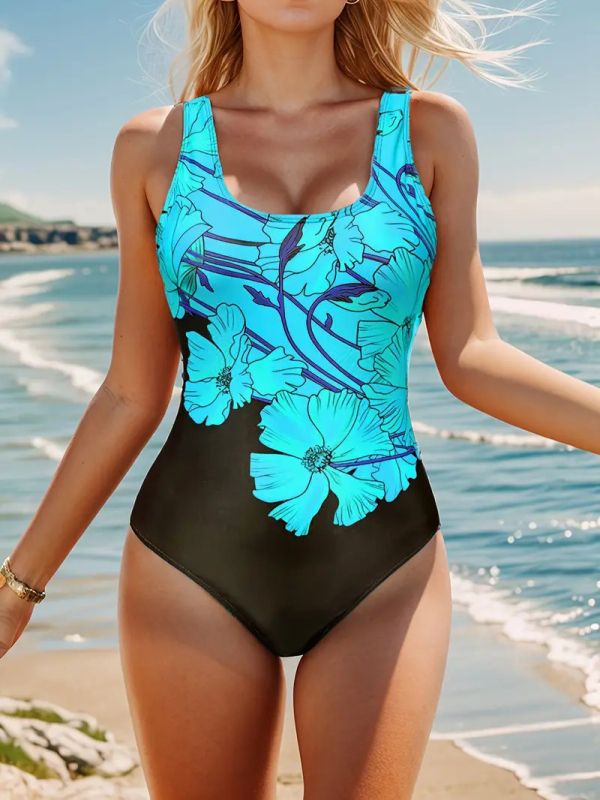 Costum de baie întreg, imprimeu floral cu efect 3D, guler rotund, fără mâneci, poliester 70–80%