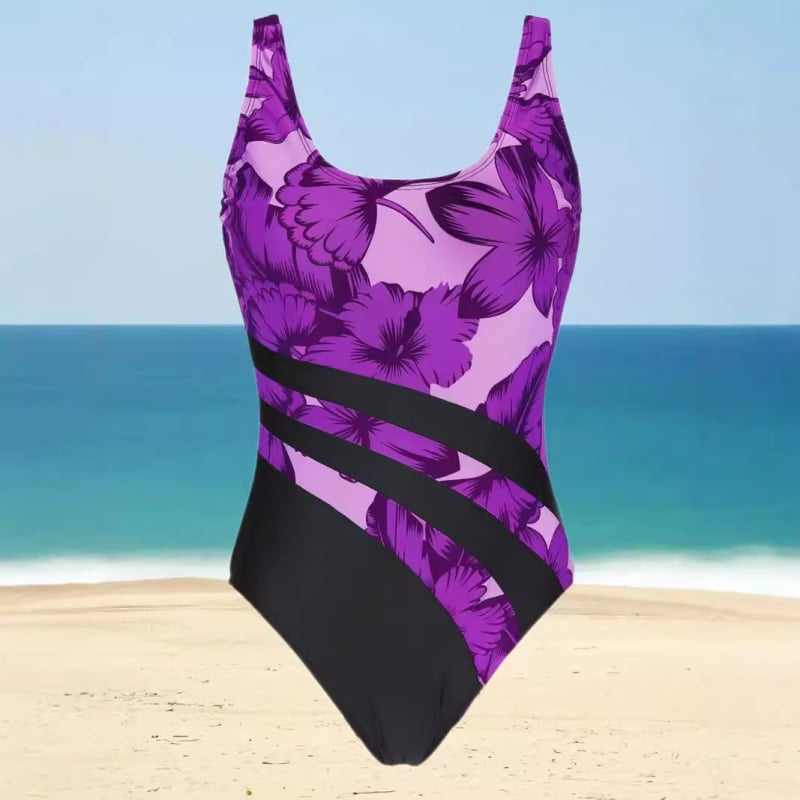 Costum de baie întreg, imprimeu floral cu efect 3D, guler rotund, fără mâneci, poliester 70–80%
