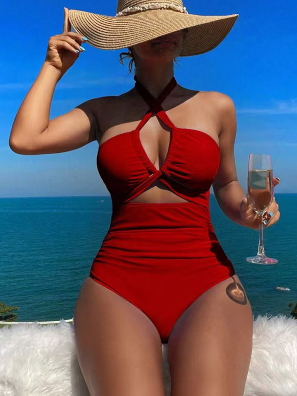 Női egyrészes fürdőruha, magas derekú, hátsó nyitott, halter nyakú kivitel, Nylon-Spandex 82/18, mellszívó párnázás, acél merevítés nélkül