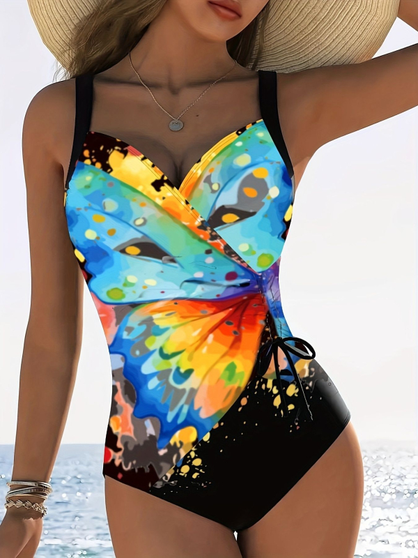 Costum de baie întreg cu bureți pentru sân, fără mâneci, material nylon cu căptușeală din spandex, imprimeu