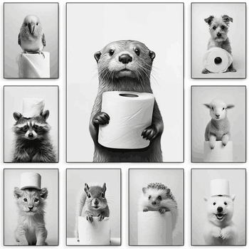 Platno zidna umjetnost s veselim životinjama (sova i pas), bez okvira; otisak na platnu; inkjet tisak; nordijski stil