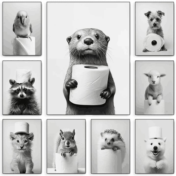 Platno zidna umjetnost s veselim životinjama (sova i pas), bez okvira; otisak na platnu; inkjet tisak; nordijski stil