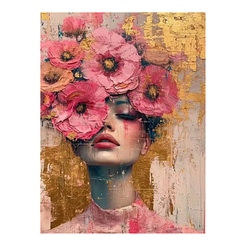 Διακοσμητικό καμβά τοίχου: πορτρέτο μίας γυναίκας με λουλούδια στα μαλλιά και γυαλιά ηλίου; χωρίς κάδρο; inkjet εκτύπωση σε καμβά; κατάλληλο για σαλόνι, κρεβατοκάμαρα και μπάνιο.