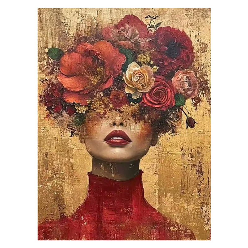Декоративна платнена стенна картина: портрет на жена с цветя на главата и слънчеви очила; без рамка; печат с струен печат върху платно; подходяща за дневна, спалня и баня.