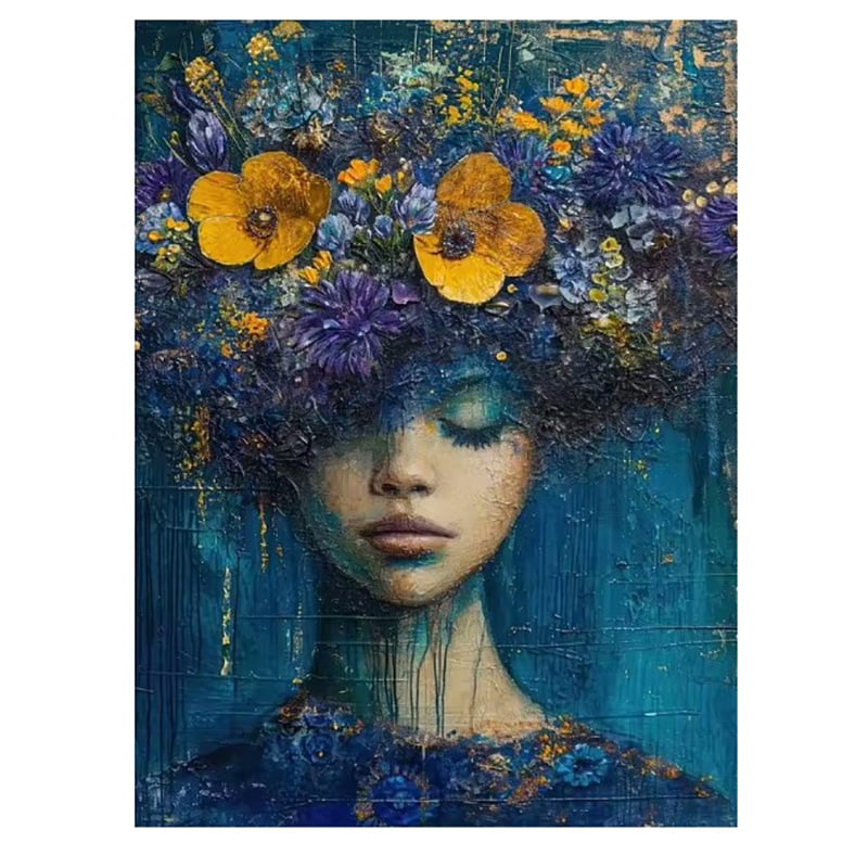 Декоративна платнена стенна картина: портрет на жена с цветя на главата и слънчеви очила; без рамка; печат с струен печат върху платно; подходяща за дневна, спалня и баня.