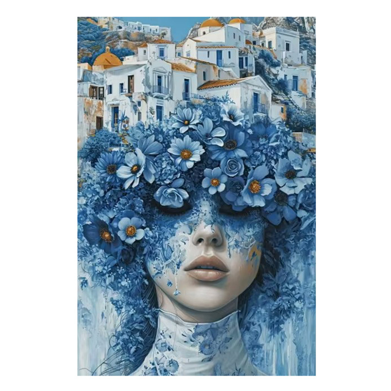 Декоративна платнена стенна картина: портрет на жена с цветя на главата и слънчеви очила; без рамка; печат с струен печат върху платно; подходяща за дневна, спалня и баня.