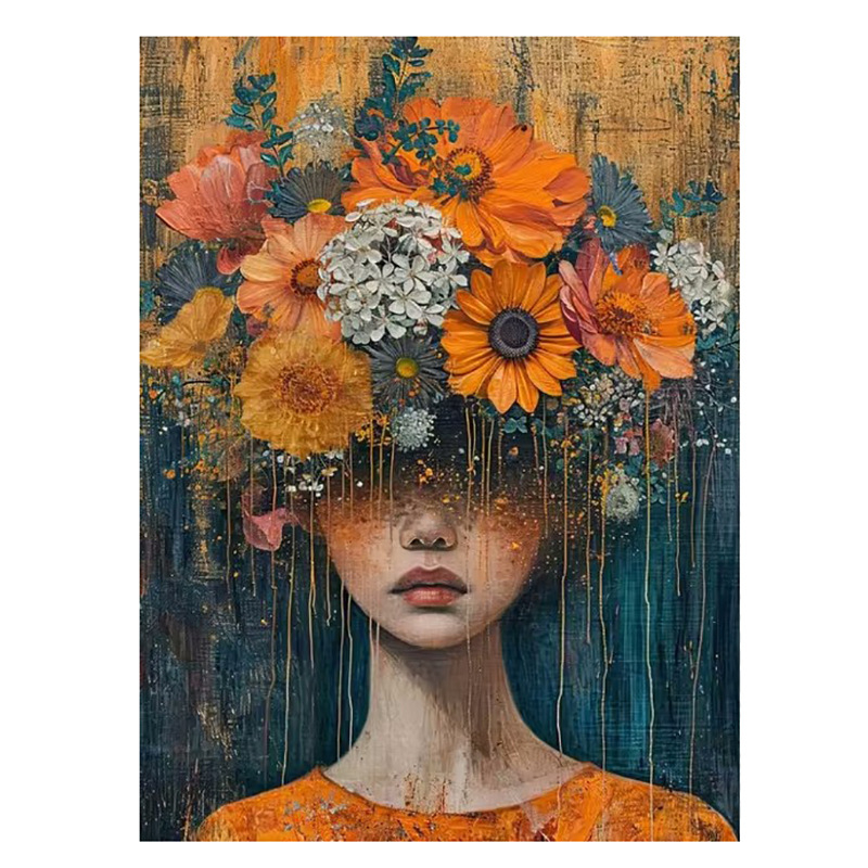 Декоративна платнена стенна картина: портрет на жена с цветя на главата и слънчеви очила; без рамка; печат с струен печат върху платно; подходяща за дневна, спалня и баня.