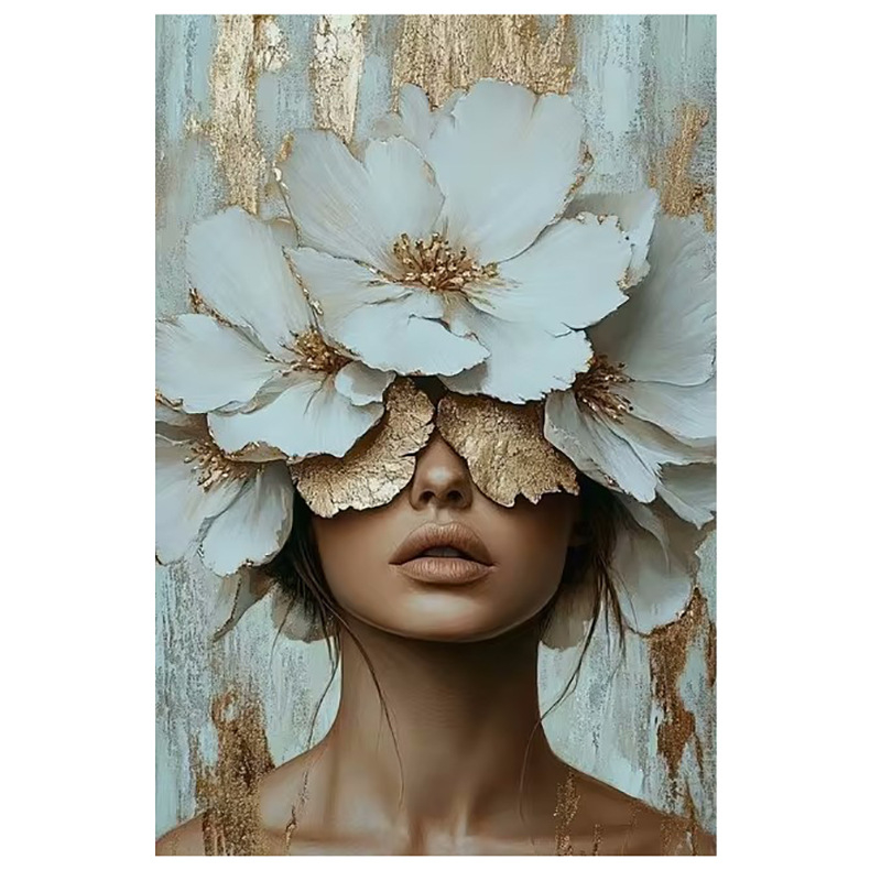 Декоративна платнена стенна картина: портрет на жена с цветя на главата и слънчеви очила; без рамка; печат с струен печат върху платно; подходяща за дневна, спалня и баня.