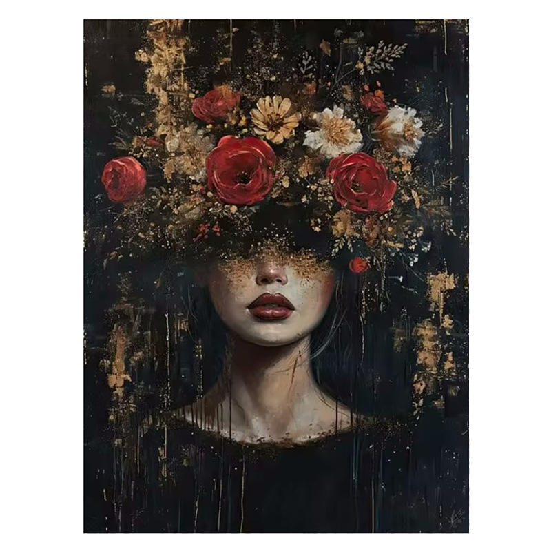 Декоративна платнена стенна картина: портрет на жена с цветя на главата и слънчеви очила; без рамка; печат с струен печат върху платно; подходяща за дневна, спалня и баня.