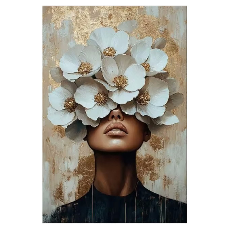 Декоративна платнена стенна картина: портрет на жена с цветя на главата и слънчеви очила; без рамка; печат с струен печат върху платно; подходяща за дневна, спалня и баня.