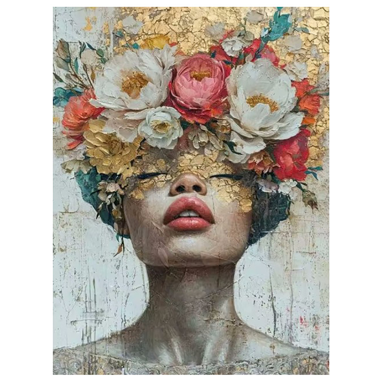 Декоративна платнена стенна картина: портрет на жена с цветя на главата и слънчеви очила; без рамка; печат с струен печат върху платно; подходяща за дневна, спалня и баня.