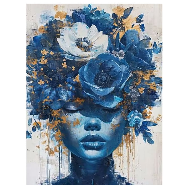 Декоративна платнена стенна картина: портрет на жена с цветя на главата и слънчеви очила; без рамка; печат с струен печат върху платно; подходяща за дневна, спалня и баня.
