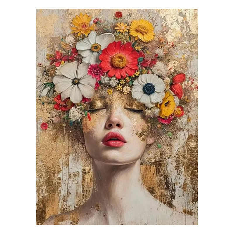 Декоративна платнена стенна картина: портрет на жена с цветя на главата и слънчеви очила; без рамка; печат с струен печат върху платно; подходяща за дневна, спалня и баня.