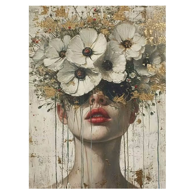 Декоративна платнена стенна картина: портрет на жена с цветя на главата и слънчеви очила; без рамка; печат с струен печат върху платно; подходяща за дневна, спалня и баня.