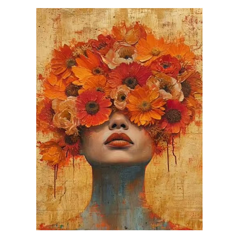 Декоративна платнена стенна картина: портрет на жена с цветя на главата и слънчеви очила; без рамка; печат с струен печат върху платно; подходяща за дневна, спалня и баня.
