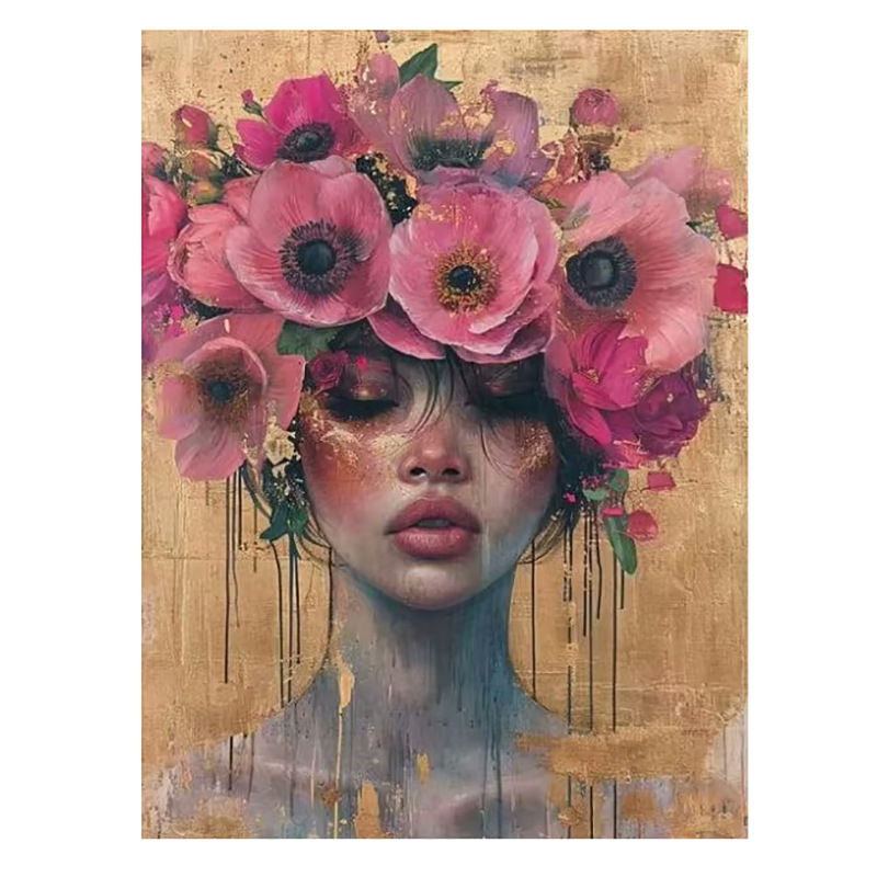 Декоративна платнена стенна картина: портрет на жена с цветя на главата и слънчеви очила; без рамка; печат с струен печат върху платно; подходяща за дневна, спалня и баня.