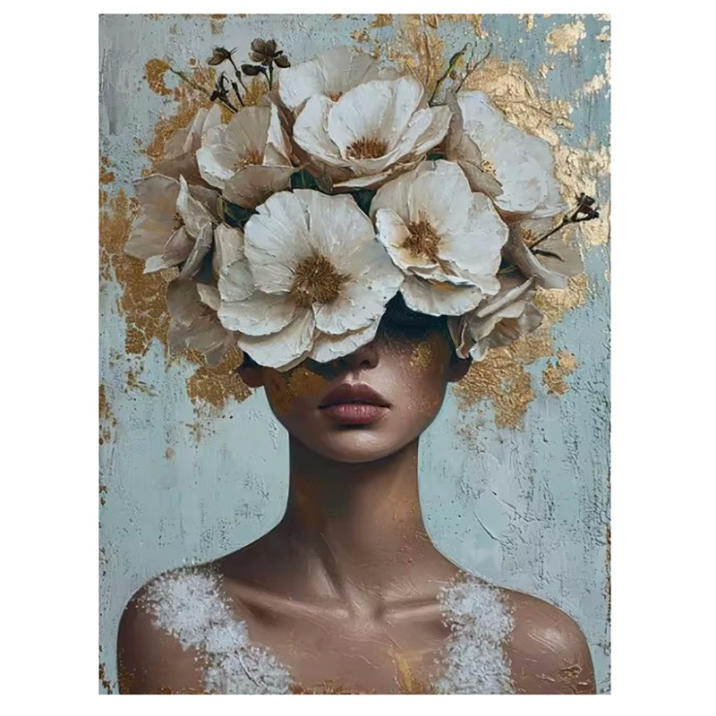 Декоративна платнена стенна картина: портрет на жена с цветя на главата и слънчеви очила; без рамка; печат с струен печат върху платно; подходяща за дневна, спалня и баня.