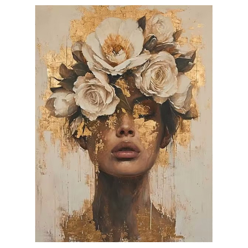 Декоративна платнена стенна картина: портрет на жена с цветя на главата и слънчеви очила; без рамка; печат с струен печат върху платно; подходяща за дневна, спалня и баня.