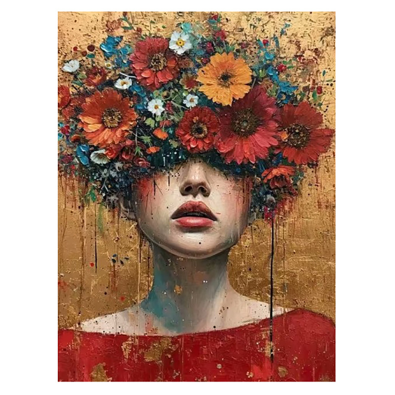 Декоративна платнена стенна картина: портрет на жена с цветя на главата и слънчеви очила; без рамка; печат с струен печат върху платно; подходяща за дневна, спалня и баня.