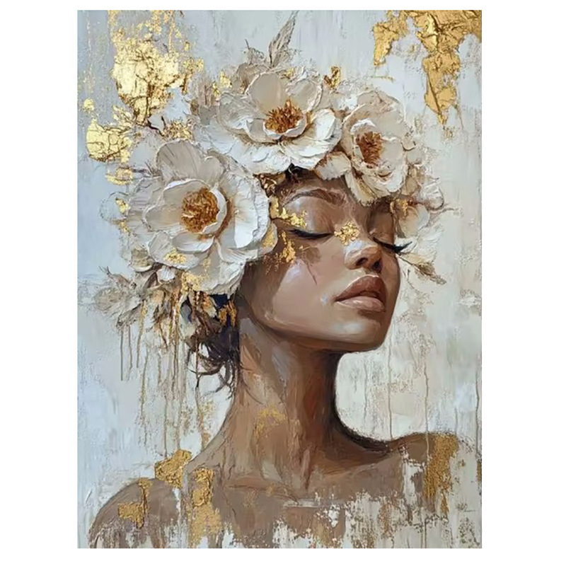 Декоративна платнена стенна картина: портрет на жена с цветя на главата и слънчеви очила; без рамка; печат с струен печат върху платно; подходяща за дневна, спалня и баня.