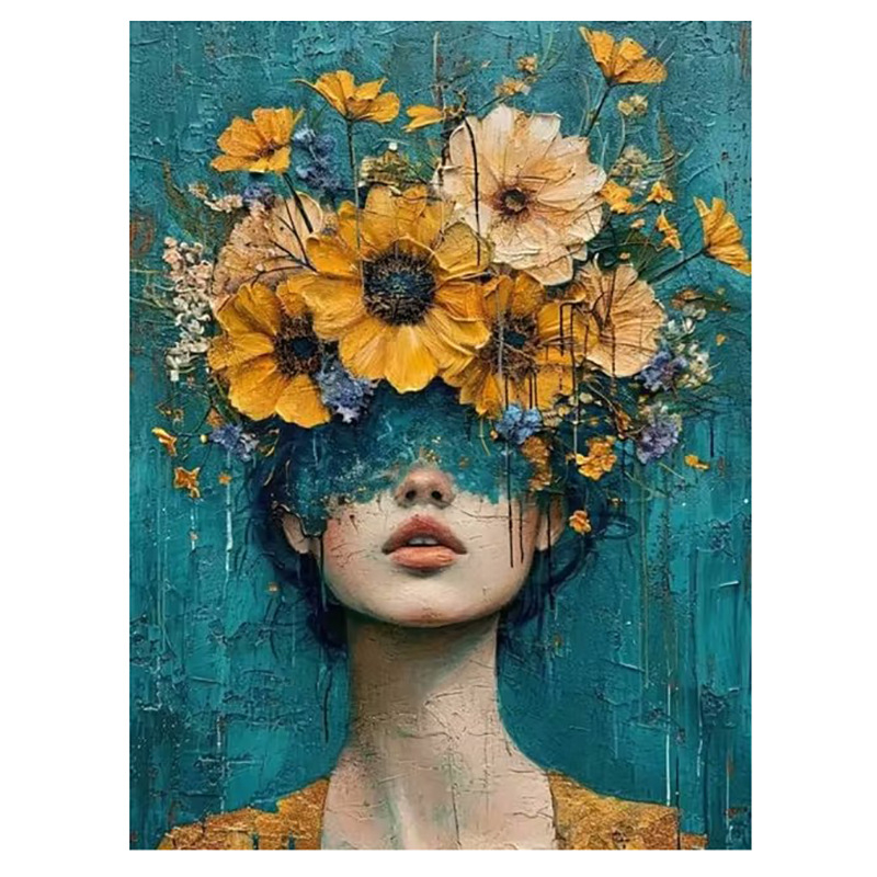 Декоративна платнена стенна картина: портрет на жена с цветя на главата и слънчеви очила; без рамка; печат с струен печат върху платно; подходяща за дневна, спалня и баня.