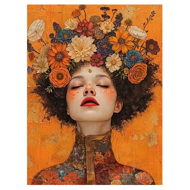 Декоративна платнена стенна картина: портрет на жена с цветя на главата и слънчеви очила; без рамка; печат с струен печат върху платно; подходяща за дневна, спалня и баня.