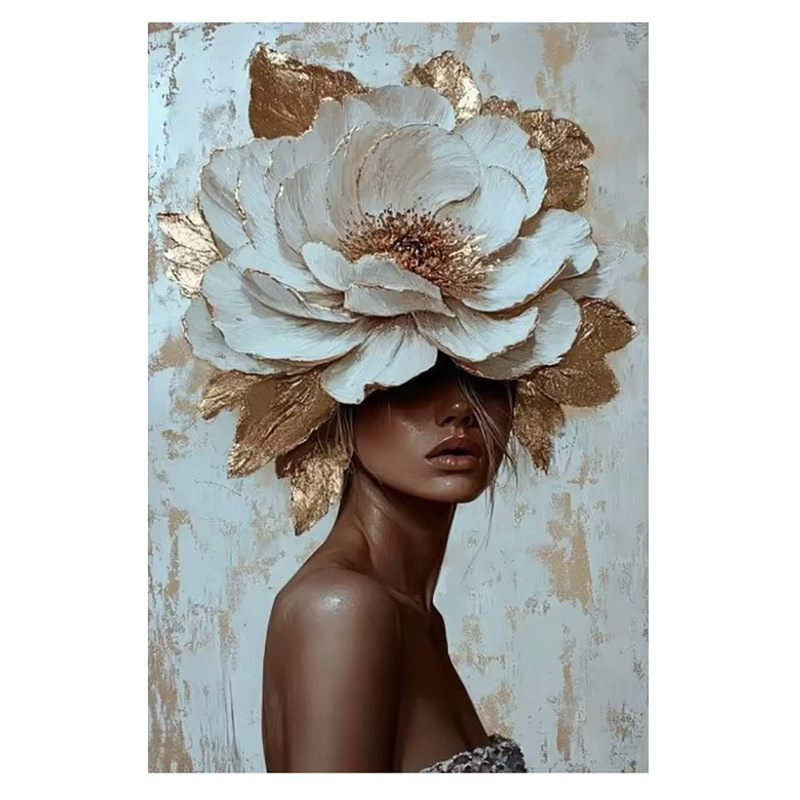 Декоративна платнена стенна картина: портрет на жена с цветя на главата и слънчеви очила; без рамка; печат с струен печат върху платно; подходяща за дневна, спалня и баня.