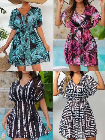 Acoperire pentru bikini din plasă, costum întreg cu mâneci scurte, imprimeu, talie cu strângere; poliester 82% / spandex 18%, 220 g/m², origine Xingcheng, cod model 1326527568